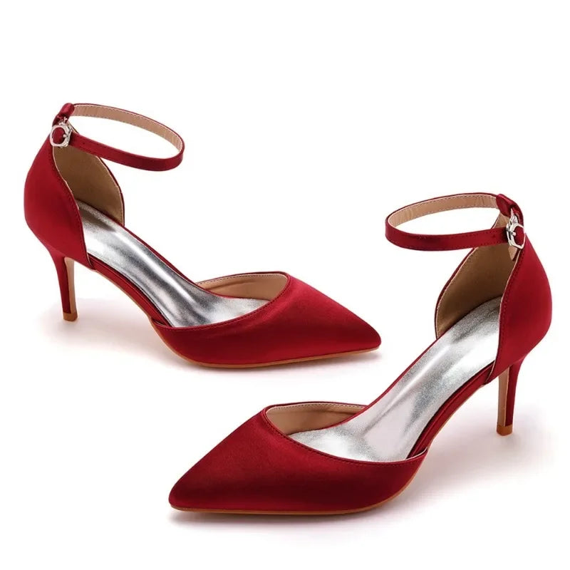 Sexy Ankle Strap Sandals Women Party Mature Silk 7CM Cover Heel Buckle Strap Formal Dress Dress Women's Shoes Dark Green