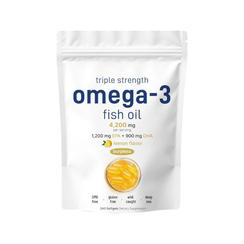 Triple Strength Omega 3 Fish Oil Supplements 4200mg Lemon Flavored, Burpless, EPA 1200mg DHA 900mg 240 Softgels