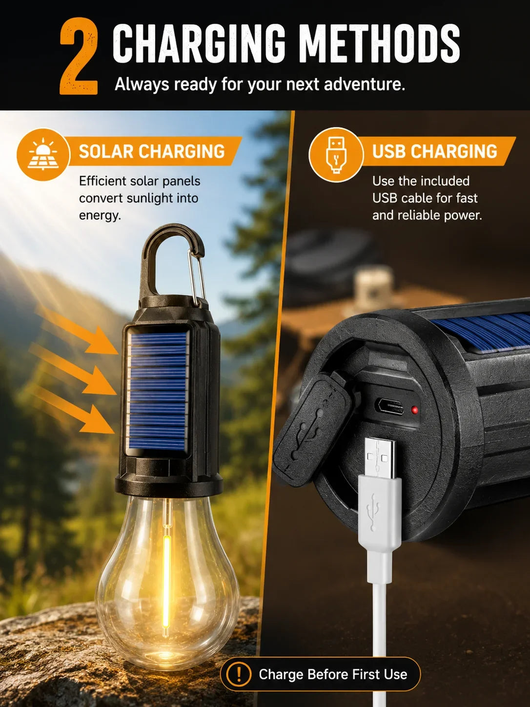 Solar Camping Light Bulb USB Rechargeable Hanging Tent Lamp Waterproof Portable Outdoor Lantern for Camping BBQ Garden Decor