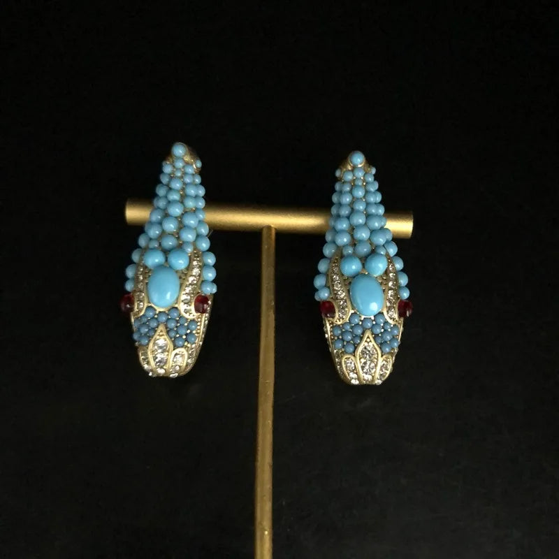 KEQIU Recycled aged gold snake-shaped necklace stud earring ancient-style , turquoise inlaid heavy industry jewelry