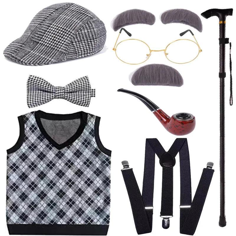 Halloween Children's Day Kids 100 Days Of School Costume For Boy Grandpa Vest Wig And Beard Granny Dress Up Props Carnival Party