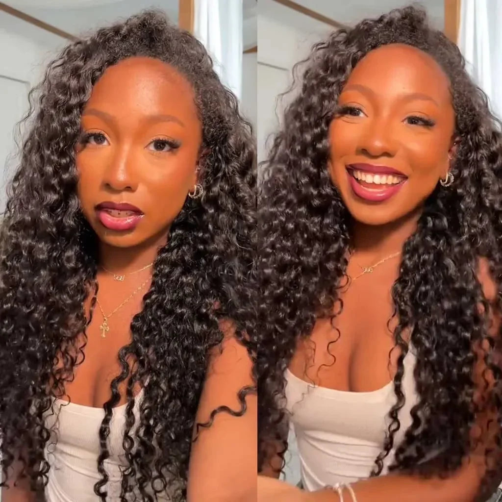 Deep Wave 3 In 1 Half Wig 100% Human Hair Glueless Curly Wigs Ready to Wear Seamless Flip Over Half Wig With Drawstring Clip Ins