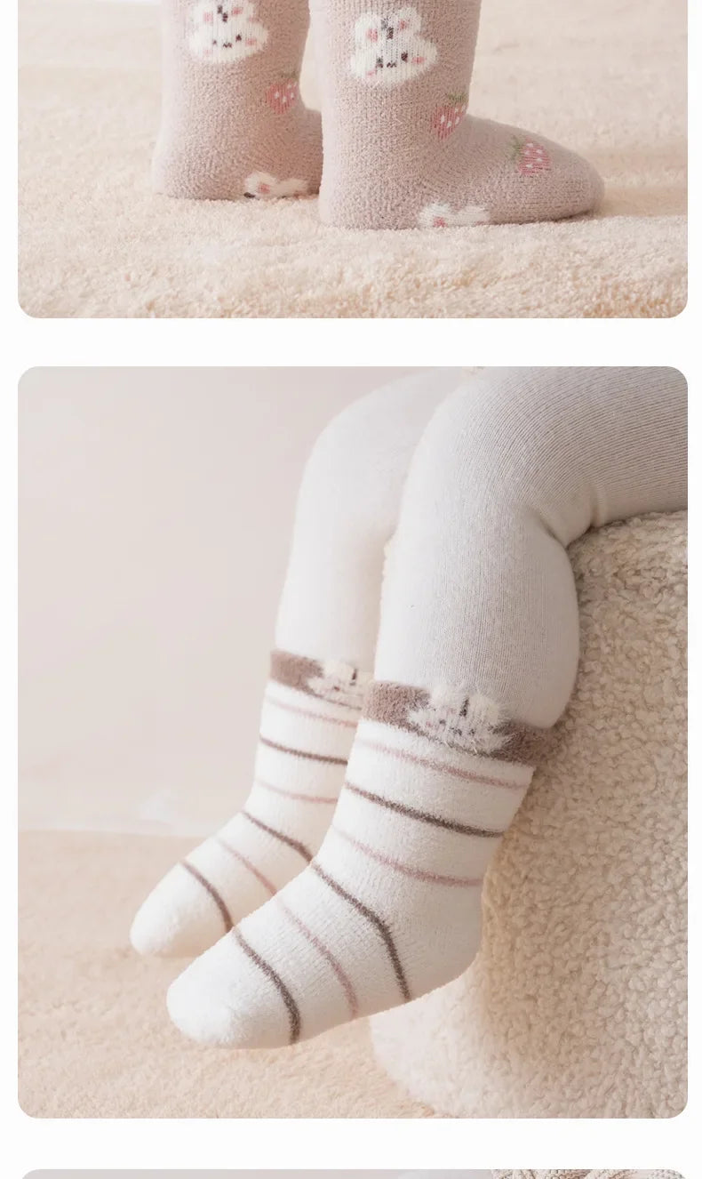 3/5 Pairs Cute Cartoon Newborn Girls Socks Winter Warm Mid Calf Toddler Socks Soft Thickened Socks for Infant Toddler Girls