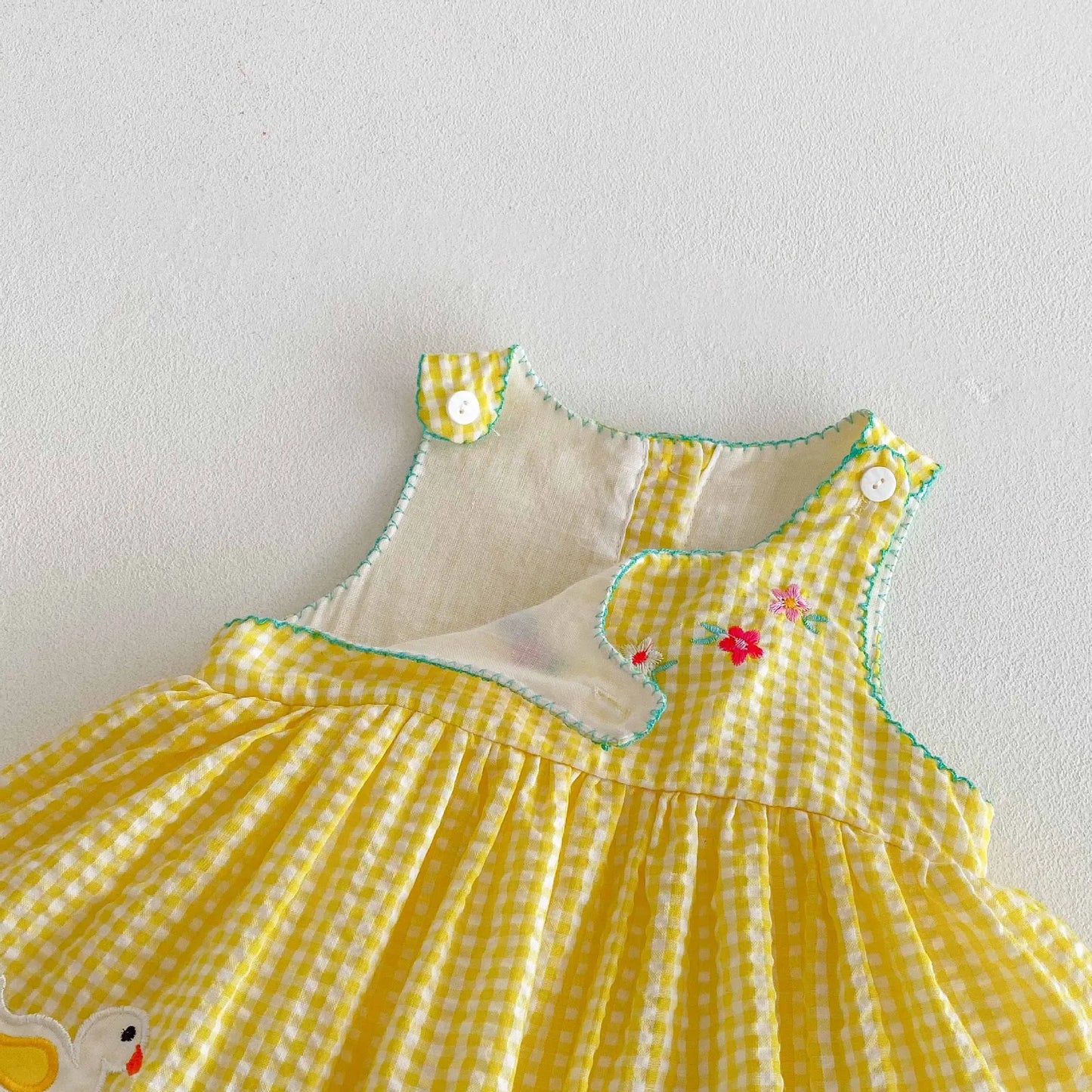 Baby Girl Summer Stylish Sweet Thin Class A Cotton Romper Dress - Cute Cartoon Duck Pattern Yellow Checkered Sleeveless Onesie
