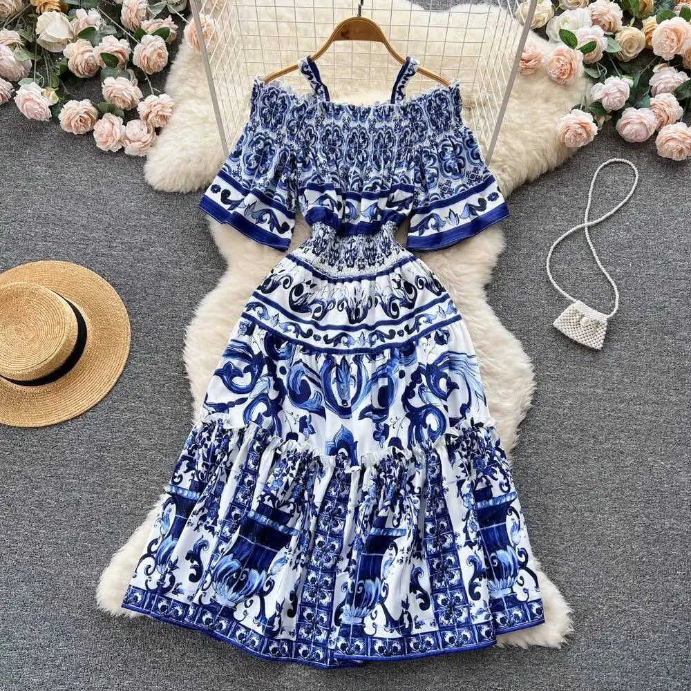 JAMERARY Summer Runway Blue White Porcelain Print Midi Dress Women's Straps Flare Sleeve Elastic Waist Cotton Floral Vestidos