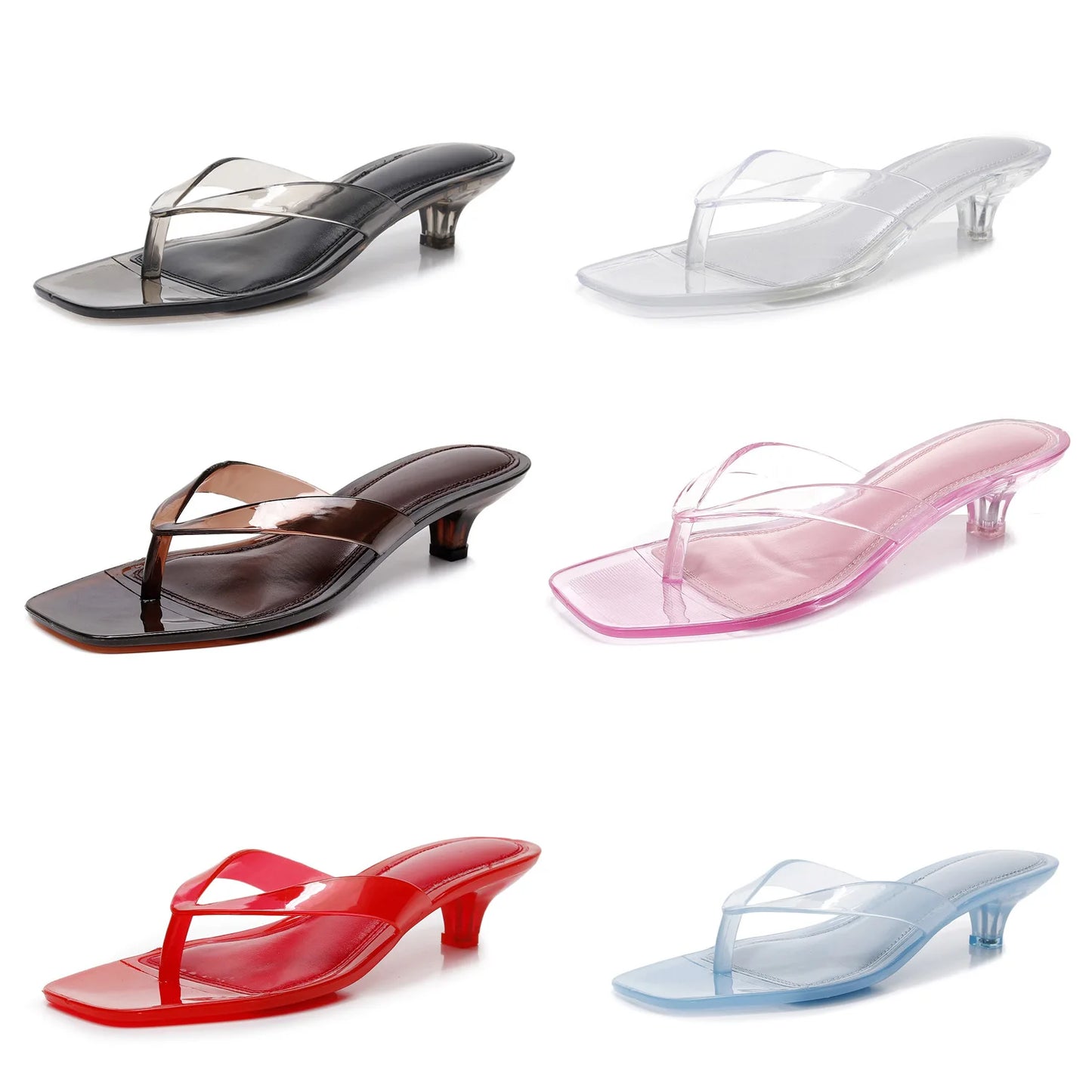 Vacation Elegant Kitten Heel Thong Sandals, Square Toe Clear Brown Jelly Flip Flops, Women Summer Comfortable Beach Party Shoes