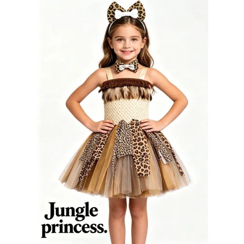 Kids Caveman Primitive Style Tutu Dress Aboriginal Indian Savage Theme Outfit Halloween Carnival Stage Performance Party Clothes