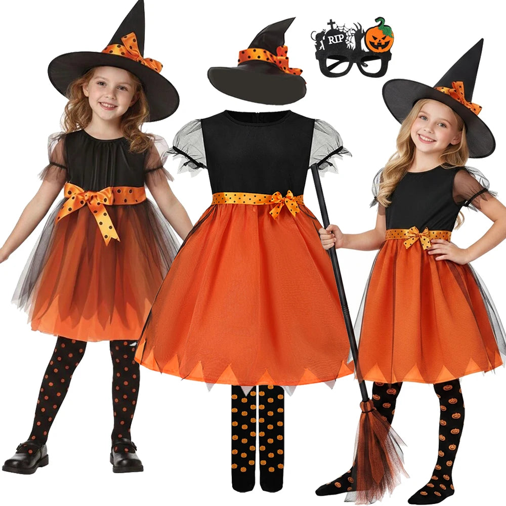 Halloween Cosplay Party Girls Pumpkin Costumes Witch Dress Kids Carnival Costume Vestidos Party Cosplay Dress
