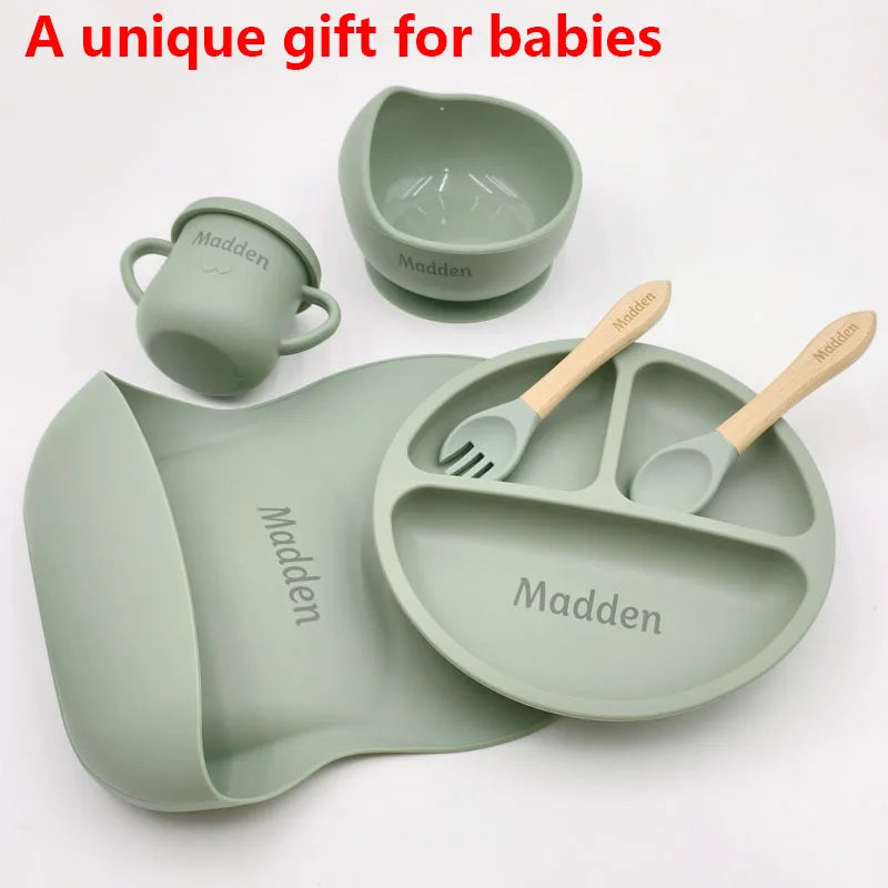 6PCS Silicone Feeding Set For Baby Personalized Name Logo Plate Bowl Customized Newborn Gift Silicone Straw Cup BPA Free
