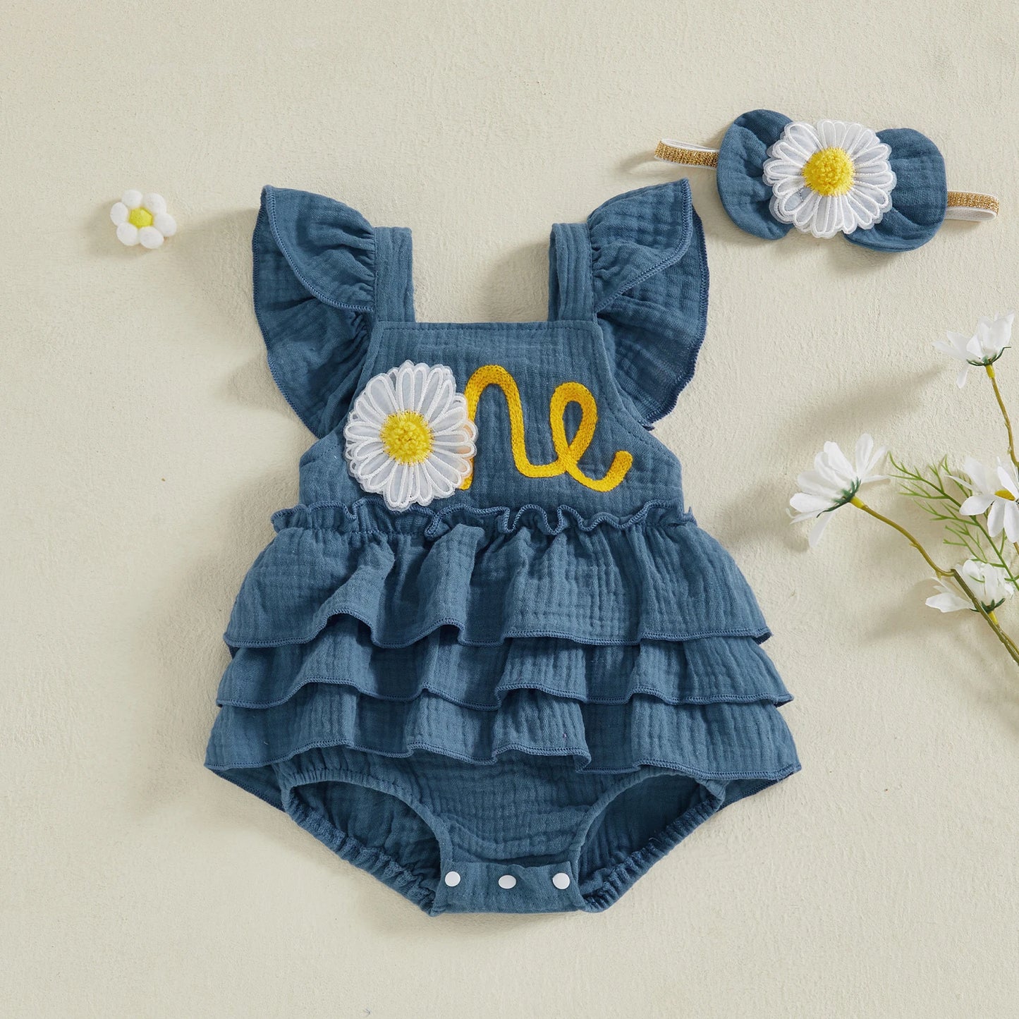 Newborn Baby Girls 1st Birthday Romper Dress Summer Cute Daisy Letter Embroidery Fly Sleeves Ruffles Jumpsuit and Headband Set