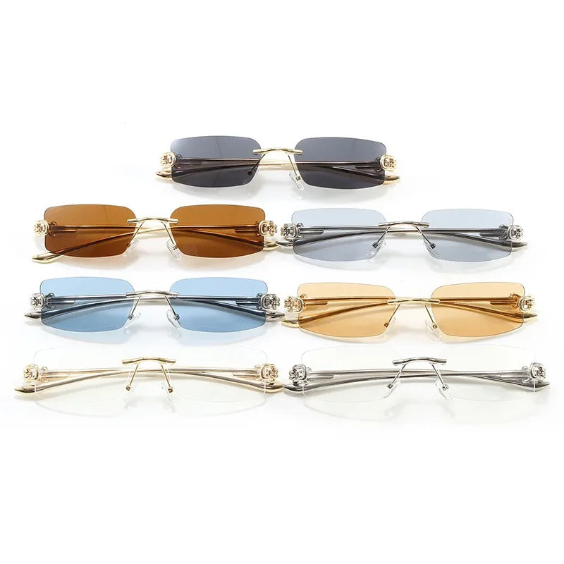 New Fashion Rectangle Rimless Women Sunglasses Retro Clear Ocean Lens Shades UV400 Men Outdoor Travel Sun Glasses