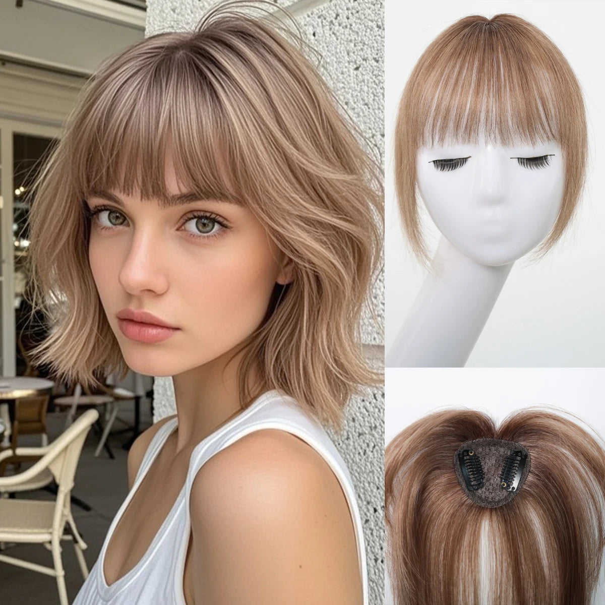 100% Human Hair Blonde Ombre Blunt Cut Wispy Bangs with Sideburns 5x5cm Clip-in Fringe Hairpiece with Top Hair Patch for Daily
