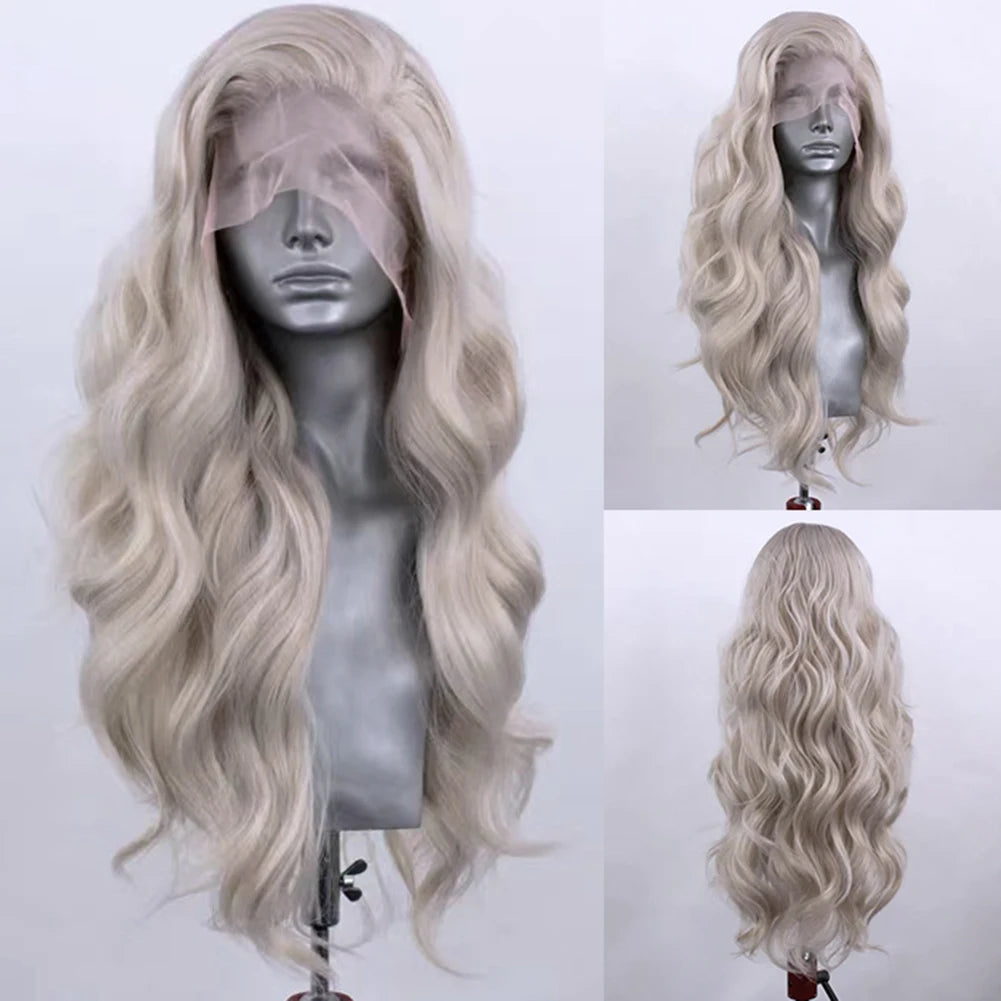 AIMEYA Ash Blonde Lace Front Wig Long Body Wave Synthetic Wig 13x4 Frontal Lace Glueless Daily Use Cosplay Wigs for Women