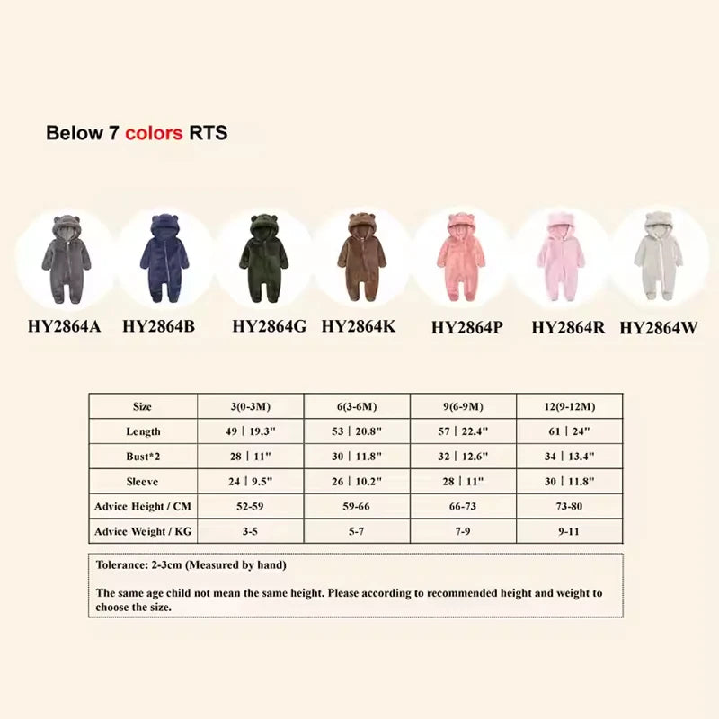 0-12months Baby Winter Clothes Newborn Rompers Infant Polar Fleece Jumpsuit Baby Boys Girl Zipper Cute Bear Romper