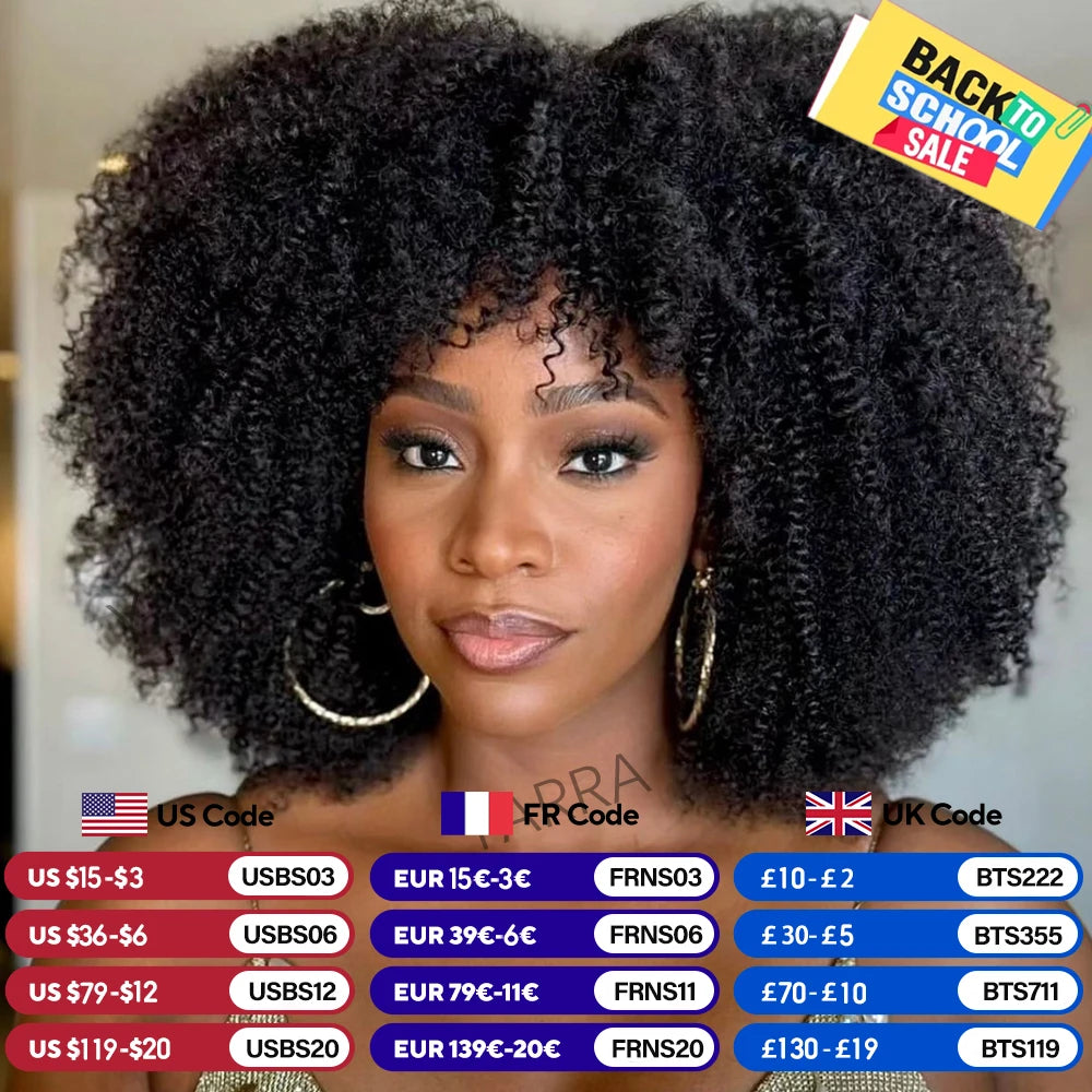 180 250 Density Afro Kinky Curly Human Hair Wigs With Bang For Black Women Brazilian 100% Human Hair Remy Full Machine Made Hair
