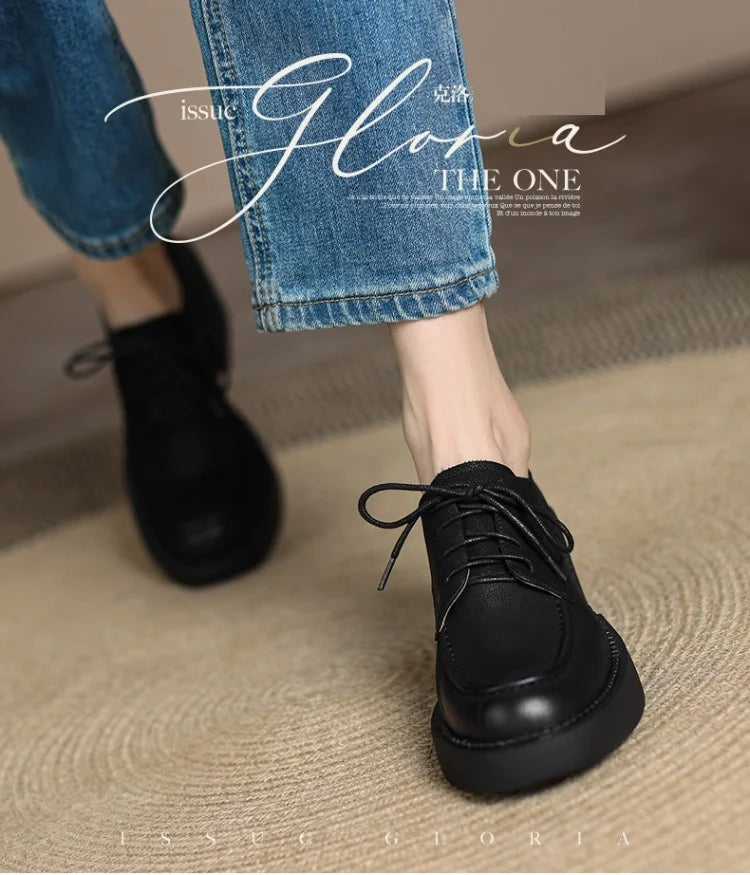 NEW Spring/Autumn Women Shoes Genuine Leather Round Toe Platform Shoes Women Solid Lace Women Pumps Thick Heel Shoes for Women