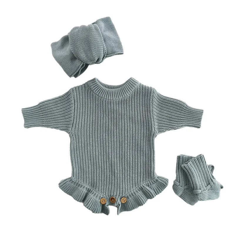 Autumn Baby Knitted Romper Headband Hat Socks Set 3Pcs Solid Color Newborn Outfit Cotton Warm Infant Shower Clothing Gifts