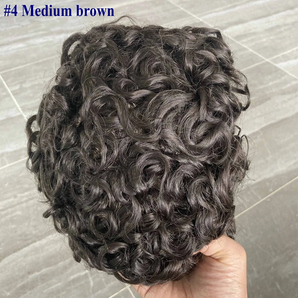 100% Human Hair Man 25mm Loose Curly Hair Replacement System Durable Skin Base Brown Gray Blonde #4 1B65 Prosthesis Hairpieces