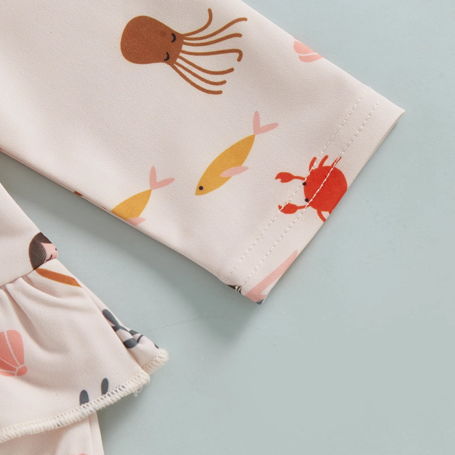 MISOWMNJOY Cute Baby Girls Long Sleeve Swimsuit Beachwear Ocean Elements Print Ruffle Toddler Infant Bathing Suit Swimwear