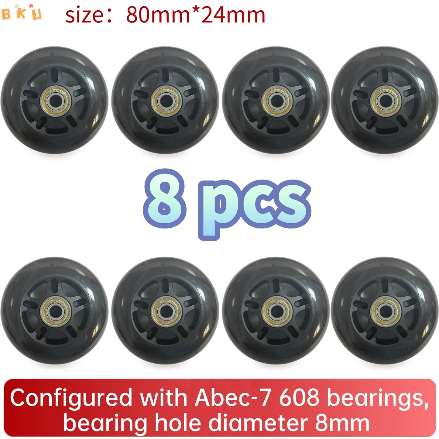 BKU 80mm PU Durable Replacement Wheels (8PCS) - Compatible with Inline Skates Scooters Strollers Suitcases