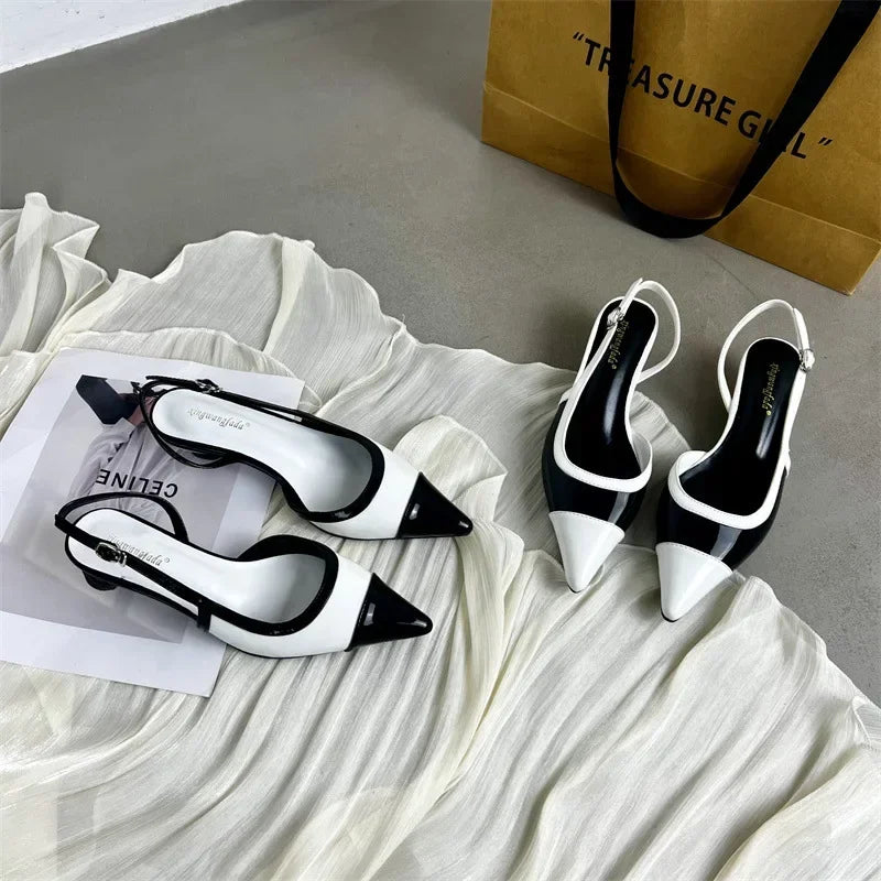 Designer Black White Mixed Color Low Heeled Sandals Women Sexy Pointed Toe Slingbacks Chunky High Heels for Women Elegant Heels