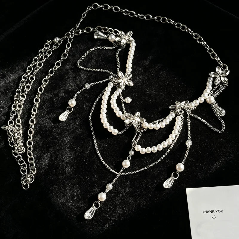 Fashionable Multi-Layer Pearl Tassel Waist Chain for Women Elegant Floral Body Chain Summer Holiday Accessory Gentle Style