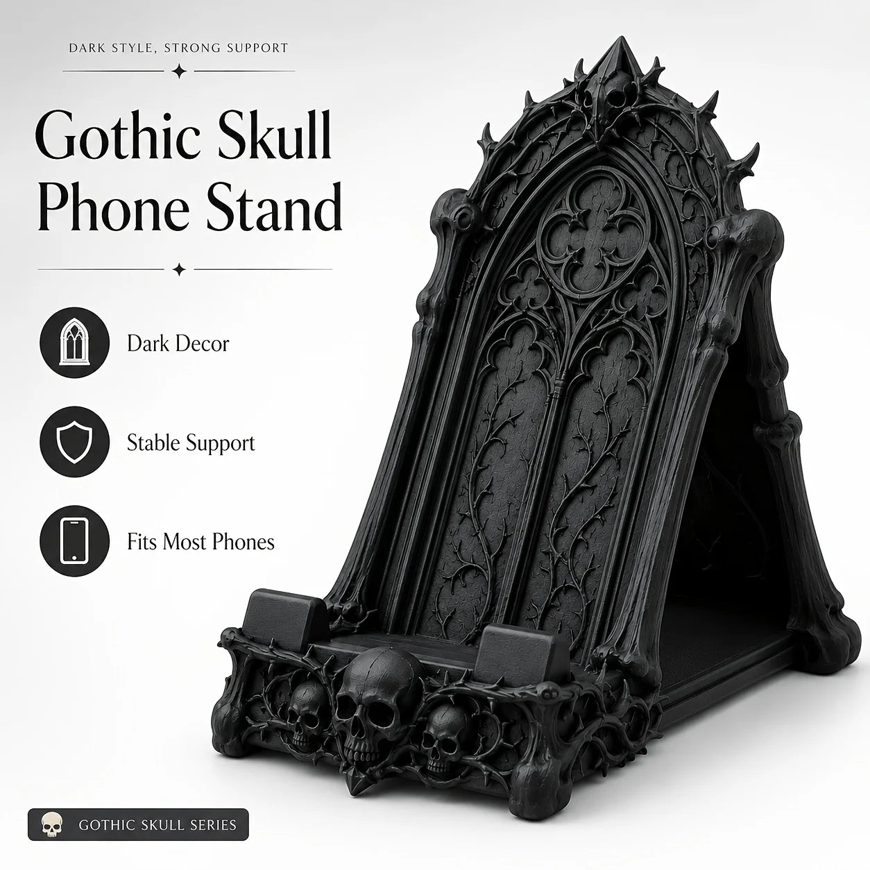 Gothic Skull Phone Stand, Dark Gothic-style Desktop Phone Holder, featuring details of skulls and thorns, decorative phone stand