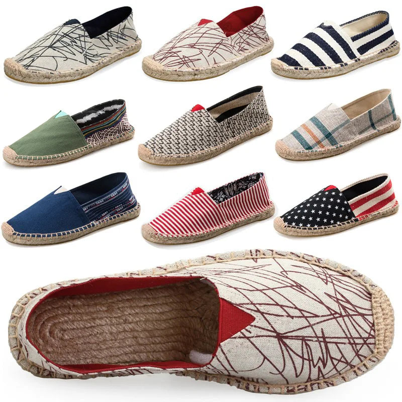 Grass Woven Linen Men's and Women's Handmade Stitching Fishing Shoes with A Casual Flat Bottom Anti Slip Fabric Design Platform