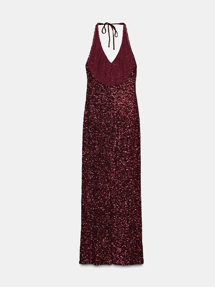 Sexy Lady Sequin Halter Maxi Dress Sleeveless O Neck Backless Party Long Robe 2026 Spring New Luxury Evening Dresses