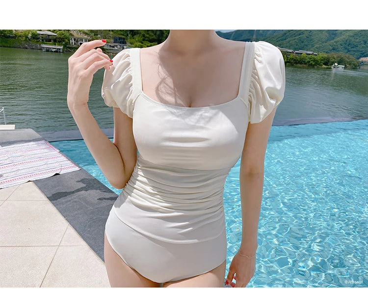 2026 New Women's One-Piece Swimsuit Short Sleeve Thermal Spring Soaking Slimming Waist Cinching Small Chest Student Tie-Bind
