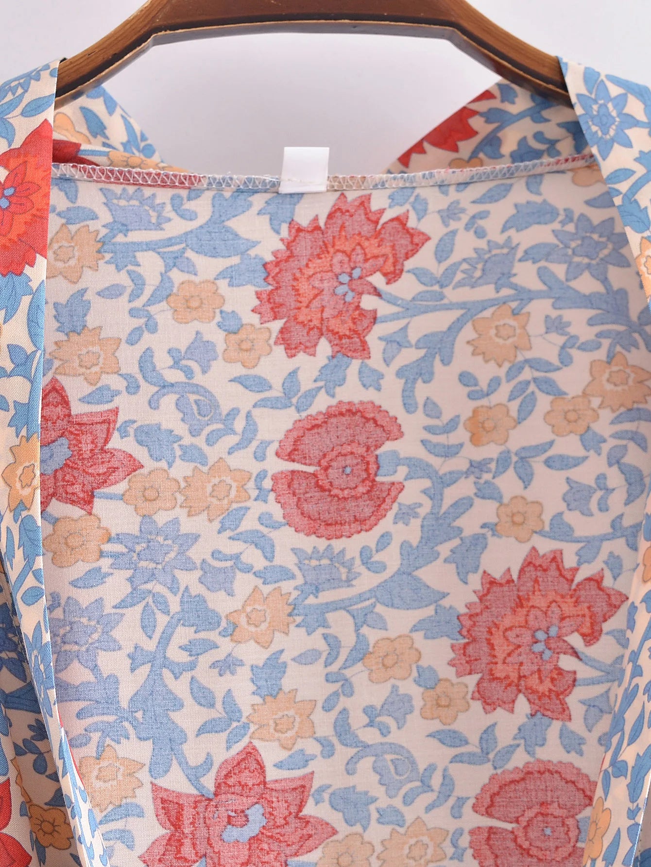 BOHO Women Blue With Pink Flower Print Kimono Shirt Holiday Tide Bow Sashes Mid Long Cardigan Summer Blouse Beach Cape