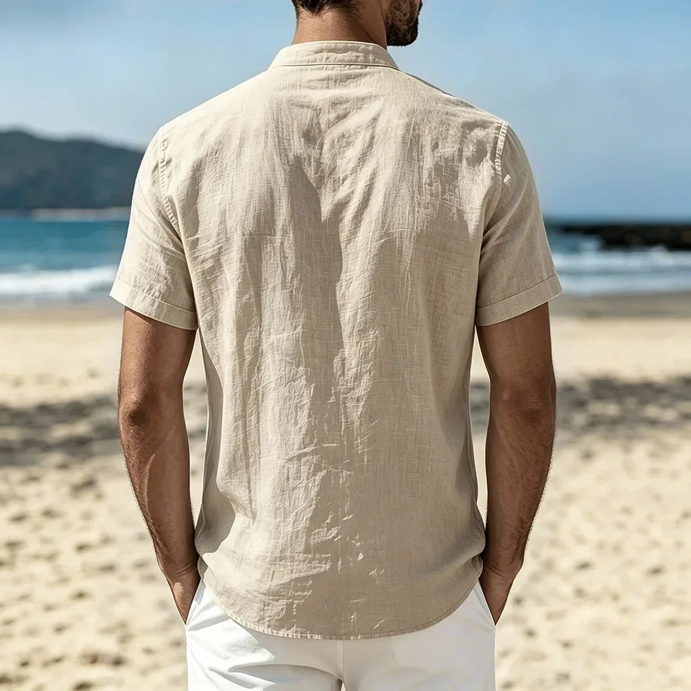 Men's Cotton Linen Shirt Summer Lightweight Breathable Short Sleeve Henley Neck Casual Shirts Male Vacation Beach Style Tops