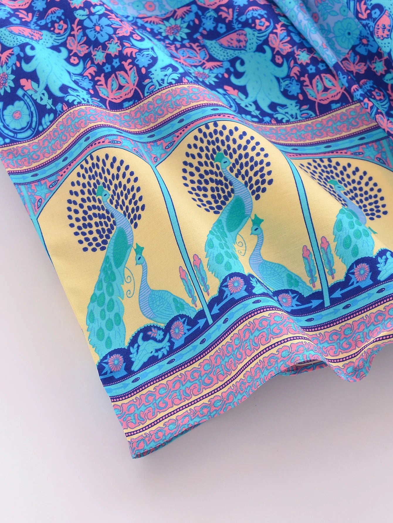 BOHO Women Blue With Pink Flower Print Kimono Shirt Holiday Tide Bow Sashes Mid Long Cardigan Summer Blouse Beach Cape