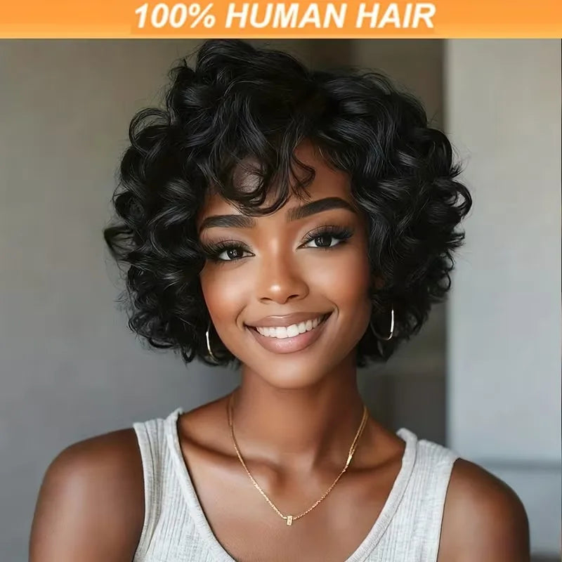 10Inch Curly Bob Pixie Wigs Human Hair 100% Natural Realistic Tangle Free Full Machine Made For Women Black Wig With Bangs