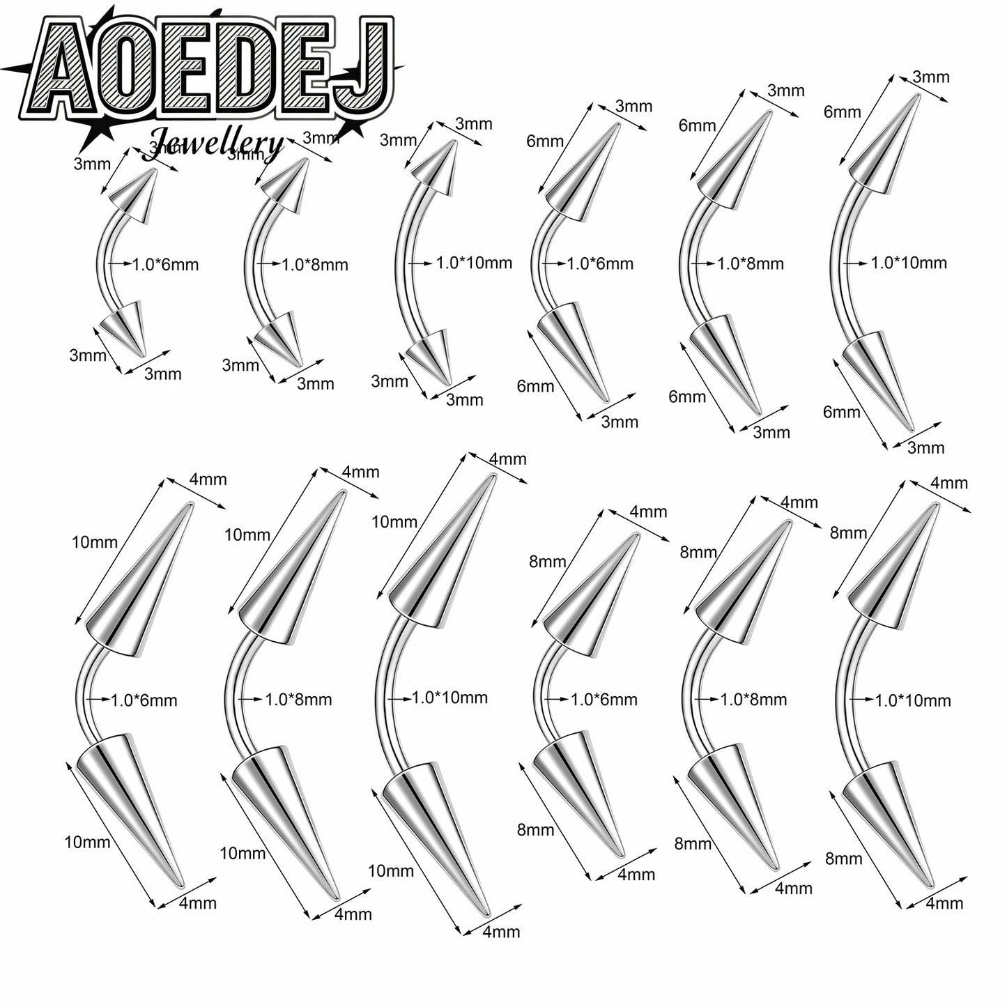 AOEDEJ 14/16/18G 1-10pcs/lot Stainless Steel Eyebrow Piercings Spike Eyebrow Rings Curved Barbell Bridge Piercing Jewelry 6-14MM
