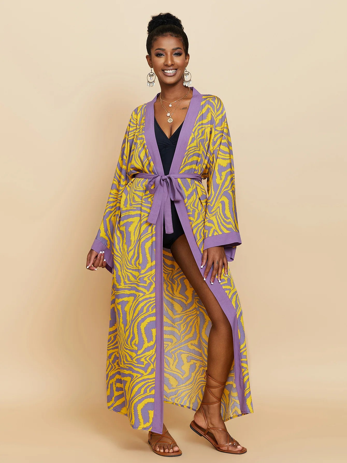 Zebra Beach Cover Ups for Women Long Sleeve Kimono Dress Self Belted Rayon Elegant Pareo 2023 Bathing Suits Holiday Beachwear