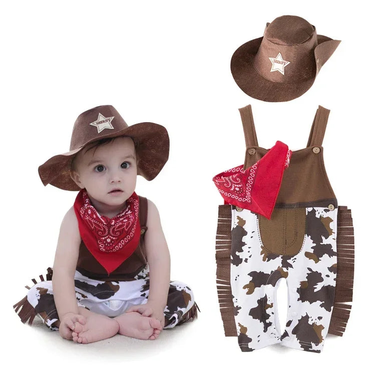 Baby Boys Western Cowboy Romper Sets with Scarf and Hat Toddler Carnival Fancy Dress Cosplay Party Costume Infant Outfitts
