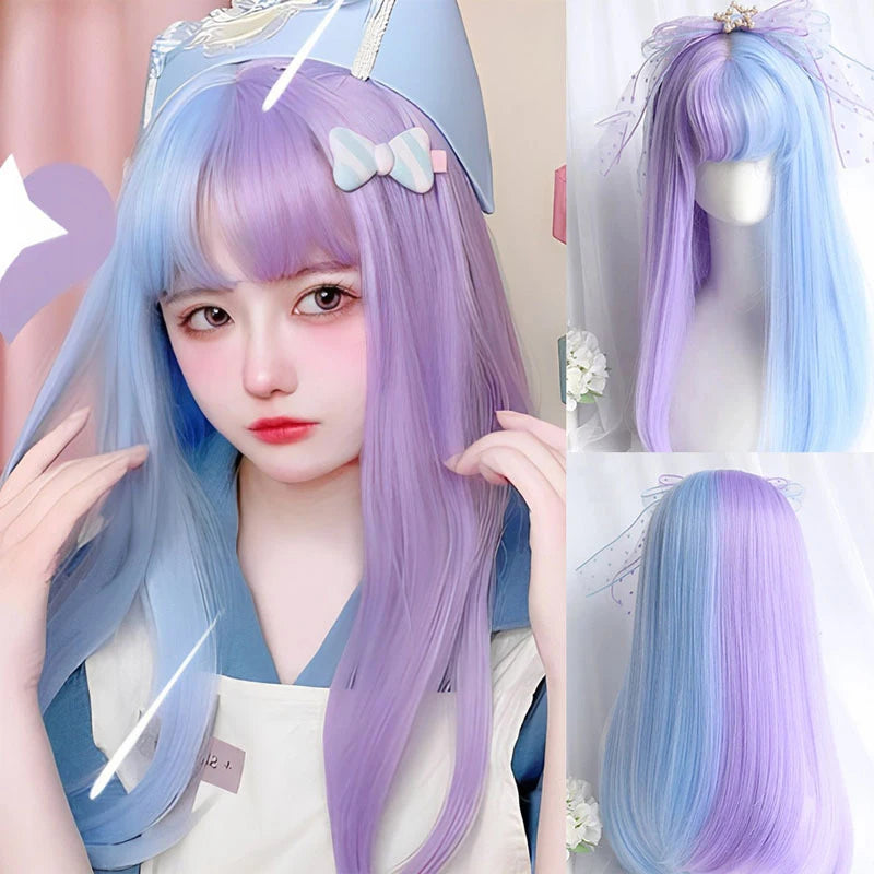 Ombre Pink Brown Wig for Women Cute Lolita Hair Wig with Bangs High Temperature Fibers Synthetic Wigs Headband Wigs for Cosplay