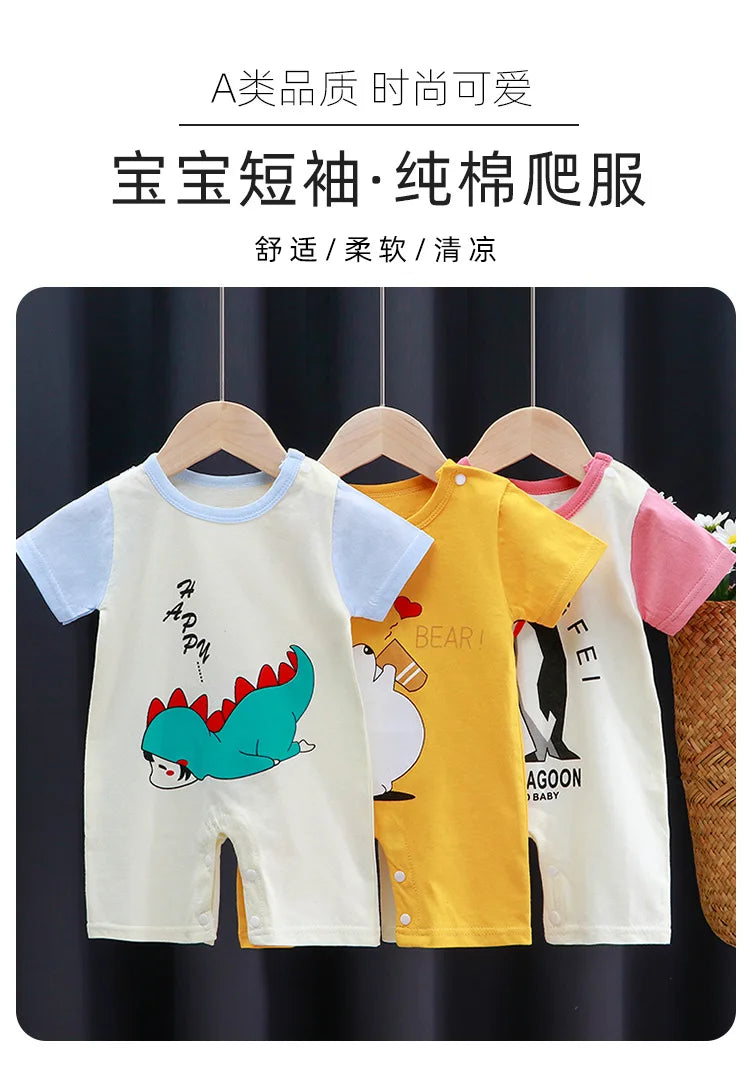 Breathable Cotton Baby Cartoon Jumpsuits, Short Sleeve Bodysuit for Newborn Infant Boys Girls Rompers of Crawling Clothes