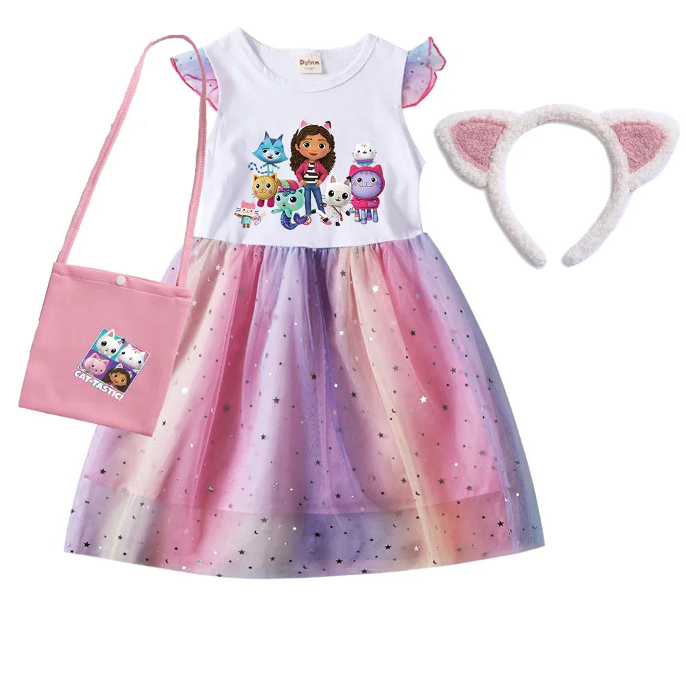 2024 Girls Summer Dresses Gabbys Dollhouse Girls Cat Tastic Costumes Kawaii Kids Birthday Party Princess Dress with Headwear Bag