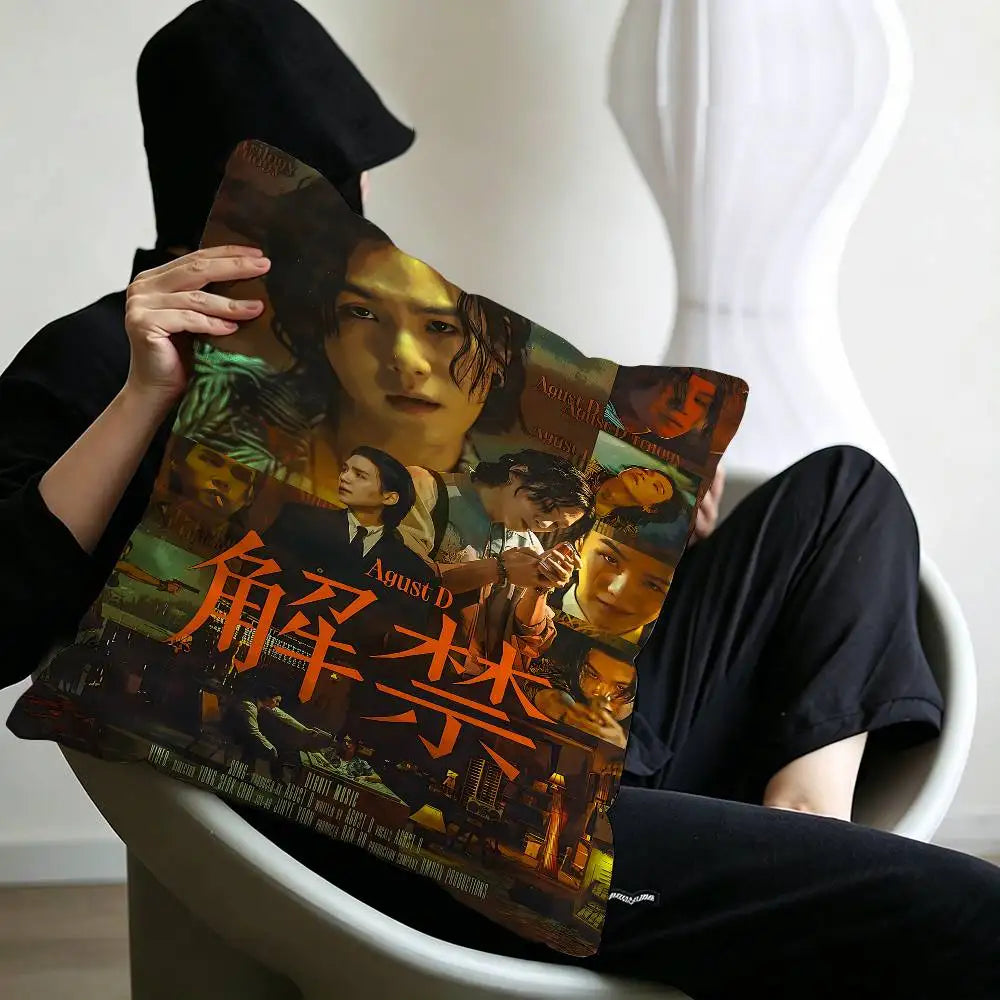 Kpop Singer S-Suga A-Agust D Office Cushion Pillowcase Car Cushion Cover45X45CM Lumbar Pillowcase Sofa Pillowcover