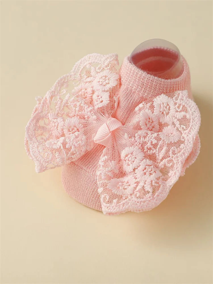 2Pcs Baby Girl Headband And Socks Set Princess Lace Bowknot Elastic Hair Band Anti-Slip Floor Socks for Newborns