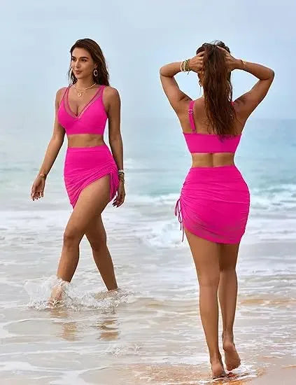 2025 New Fashion Sexy Pure Color Mesh Splice Drawstring Ladies Bikini Set Crossbody Swimwear Women's Split Design Swimsuit