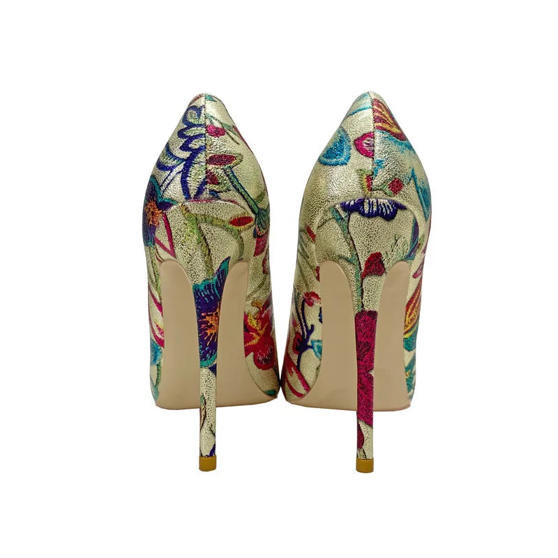 Fashion Print Women's Pumps 8CM 10CM 12CM Sexy Pointy Toe Luxury Female Shoes 2025 Spring Summer All-Match Woman Gold High Heels