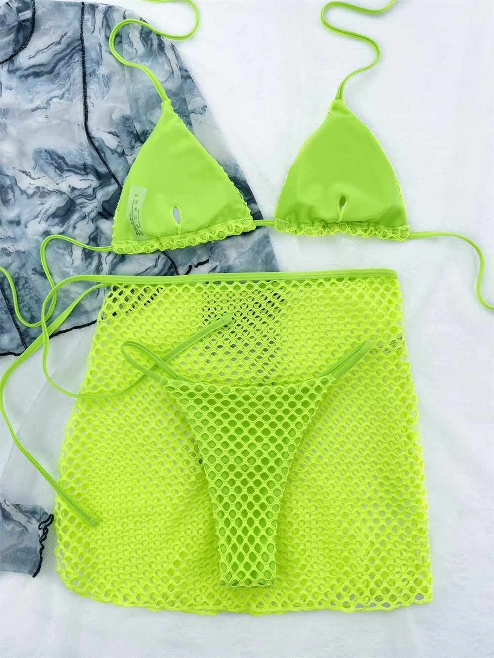 Sexy Mesh Bikini Thong Hollow Out Y2K Swimsuit Women Backless Cover Up Halter Swimwear 3 Piece Beach Outfit Bikinis Bathing Suit