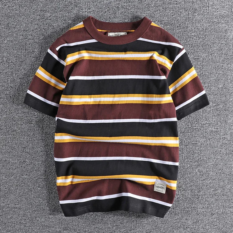 Summer Splicing Pure Cotton Stripe Short Sleeve T-shirt Streetwear Amekaji Heavyweight Casual Male Round Neck Tshirt Tops Tee