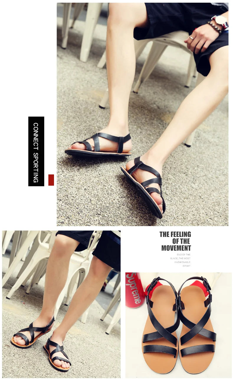 Mens Summer Breathable Leather Sandals Comfortable Roman Slippers for Outdoor Walking Casual Wear Non Slip