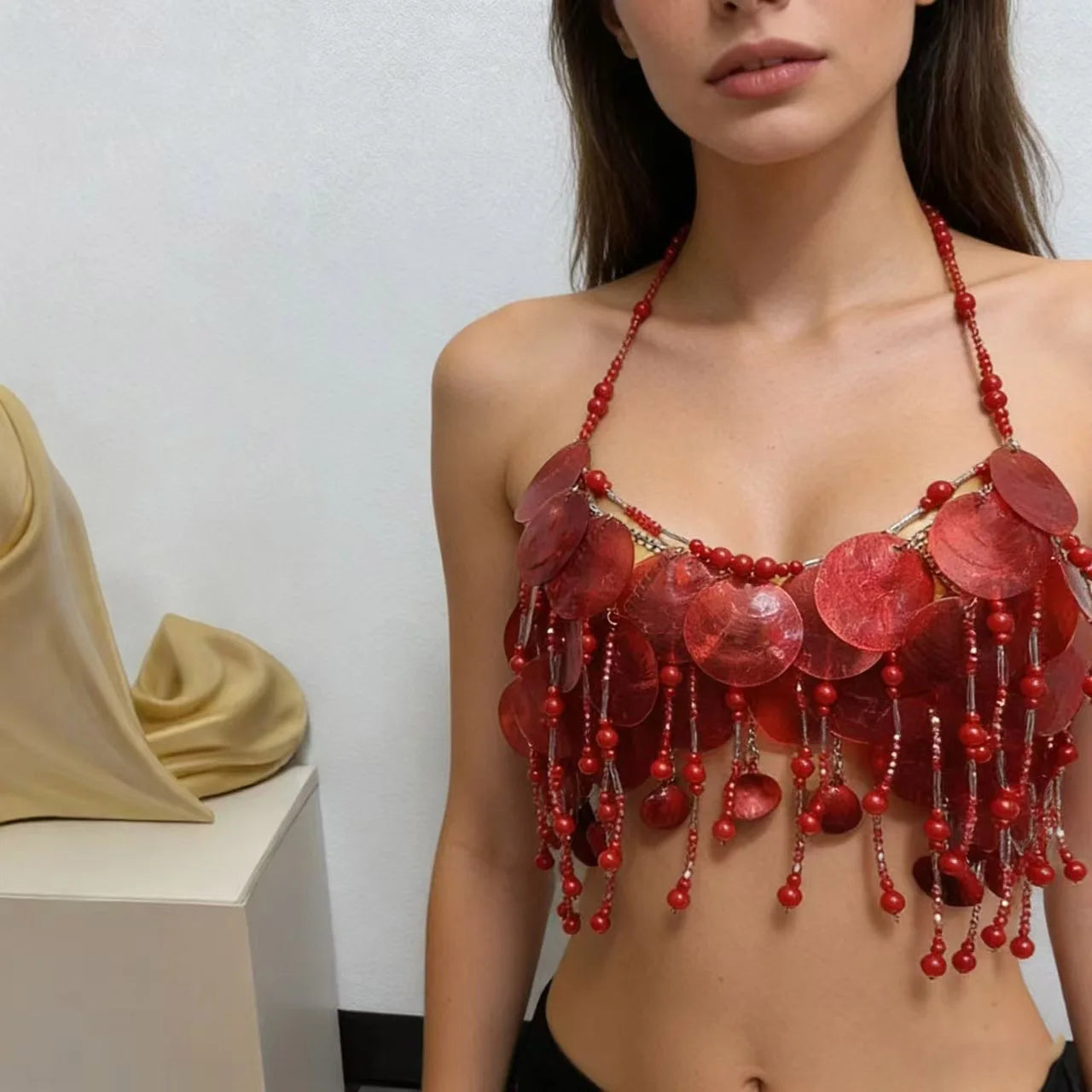 Handmade Sparkly Bohemian Mermaid Shell Beaded Halter Top Women Summer Beach Party Vacation Rave Outfit Sequins Beaded Bra Tops