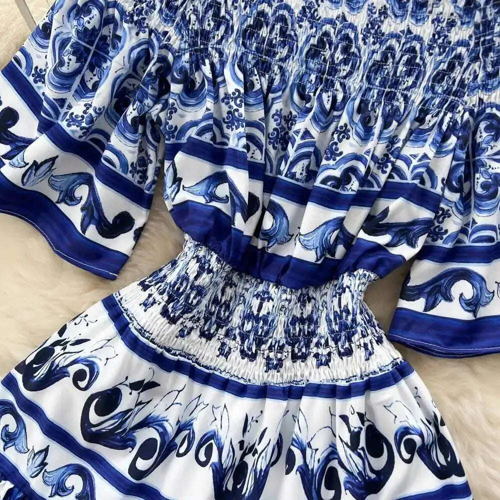JAMERARY Summer Runway Blue White Porcelain Print Midi Dress Women's Straps Flare Sleeve Elastic Waist Cotton Floral Vestidos