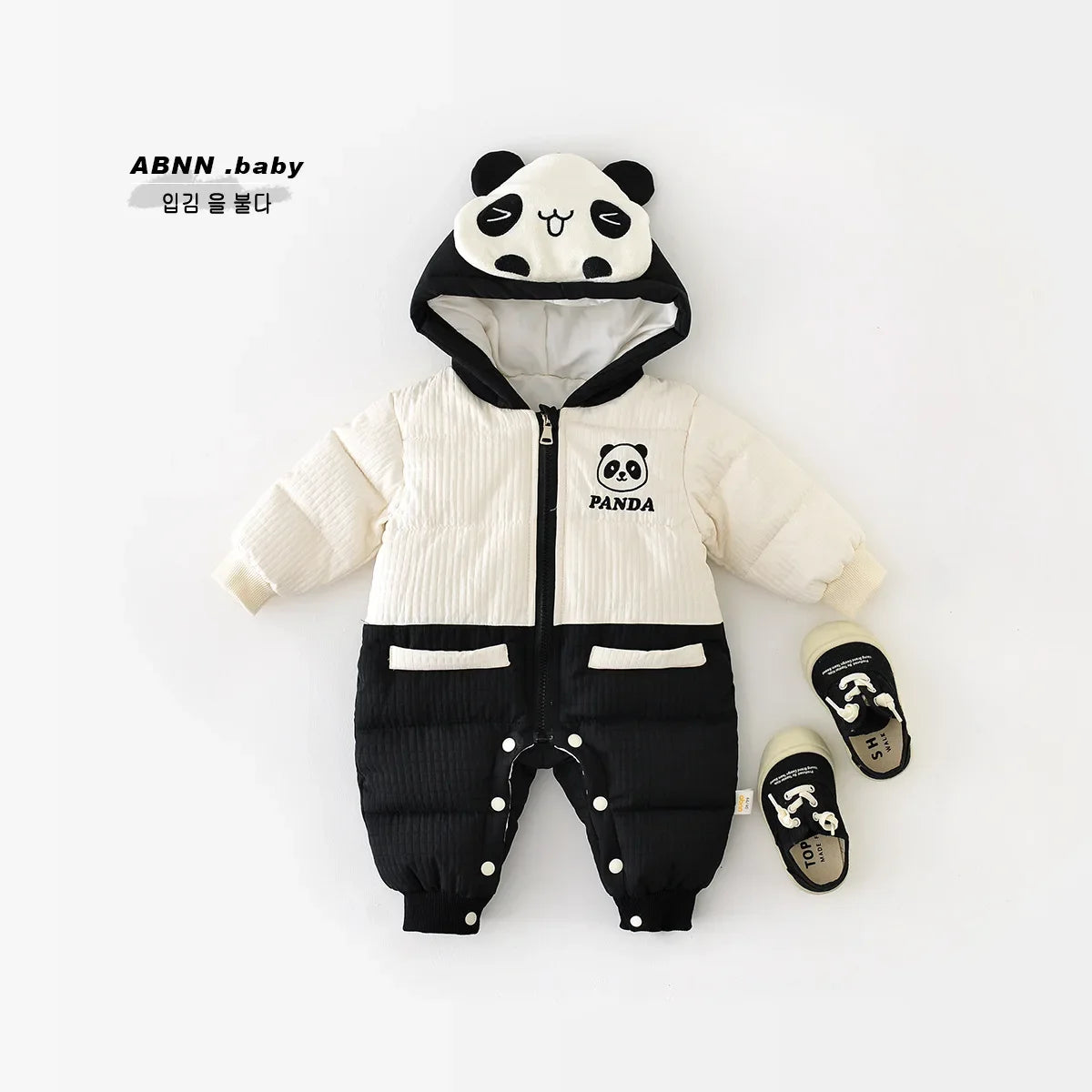 2024 Winter Baby Long Sleeve Warm Hooded Romper Cute Panda Print Newborn Plus Velvet Thick Jumpsuit Infant Girl Boy Warm Clothes